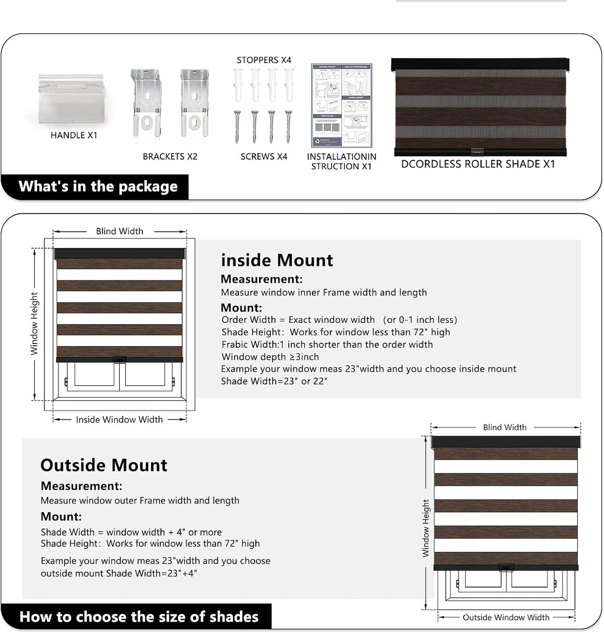 AOSKY Cordless Zebra Blinds for Indoor Windows, 34" W x 72" H, Brown