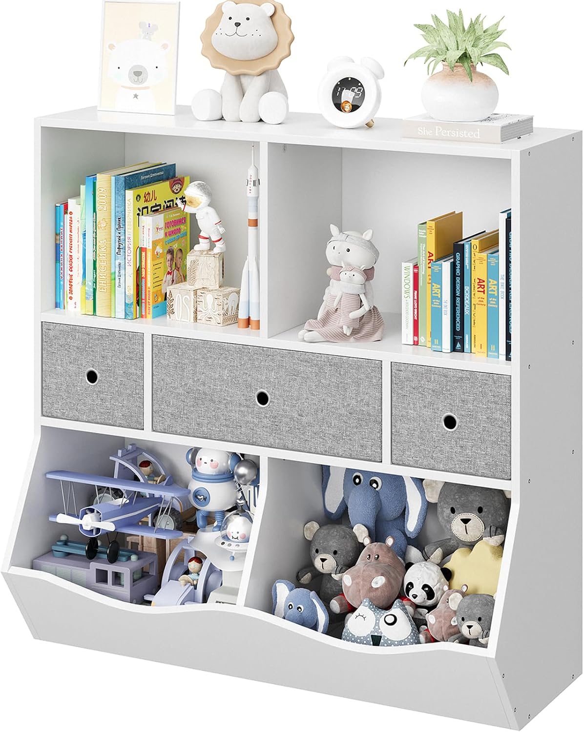 IDEALHOUSE 3-Tier Kids Bookshelf, Toy Storage Organizer with 3 Drawers,Wooden Bookcase with Large Toy Storage Cabinet for Playroom, Hallway, Kindergarten, School Toy Shelf Organization,(White)
