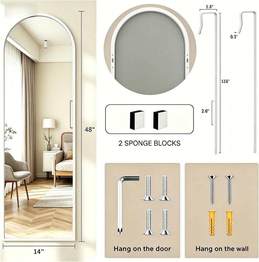 14" x 48" Arched Full Length Mirror White Frame Over Door & Wall Mounted