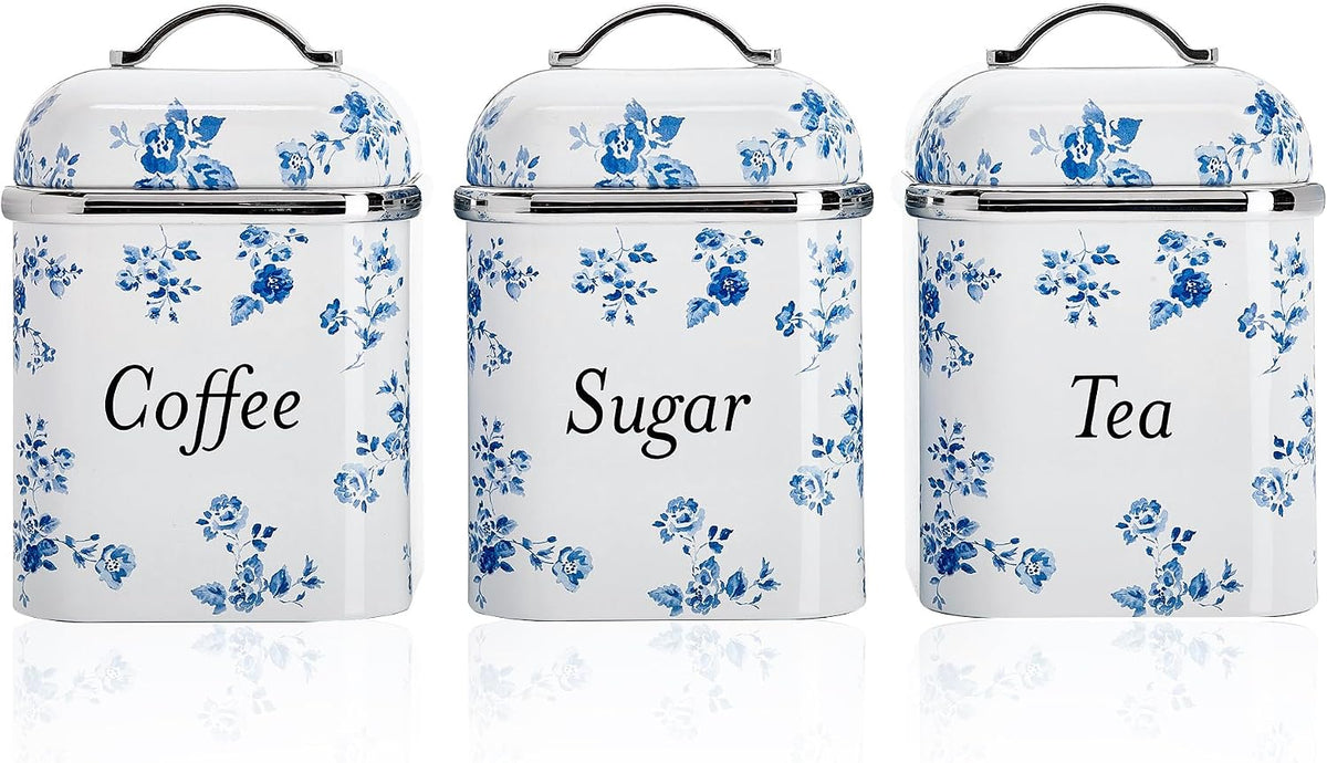 Laura Ashley China Rose Coffee Tea Sugar Container Set - Storage Canisters