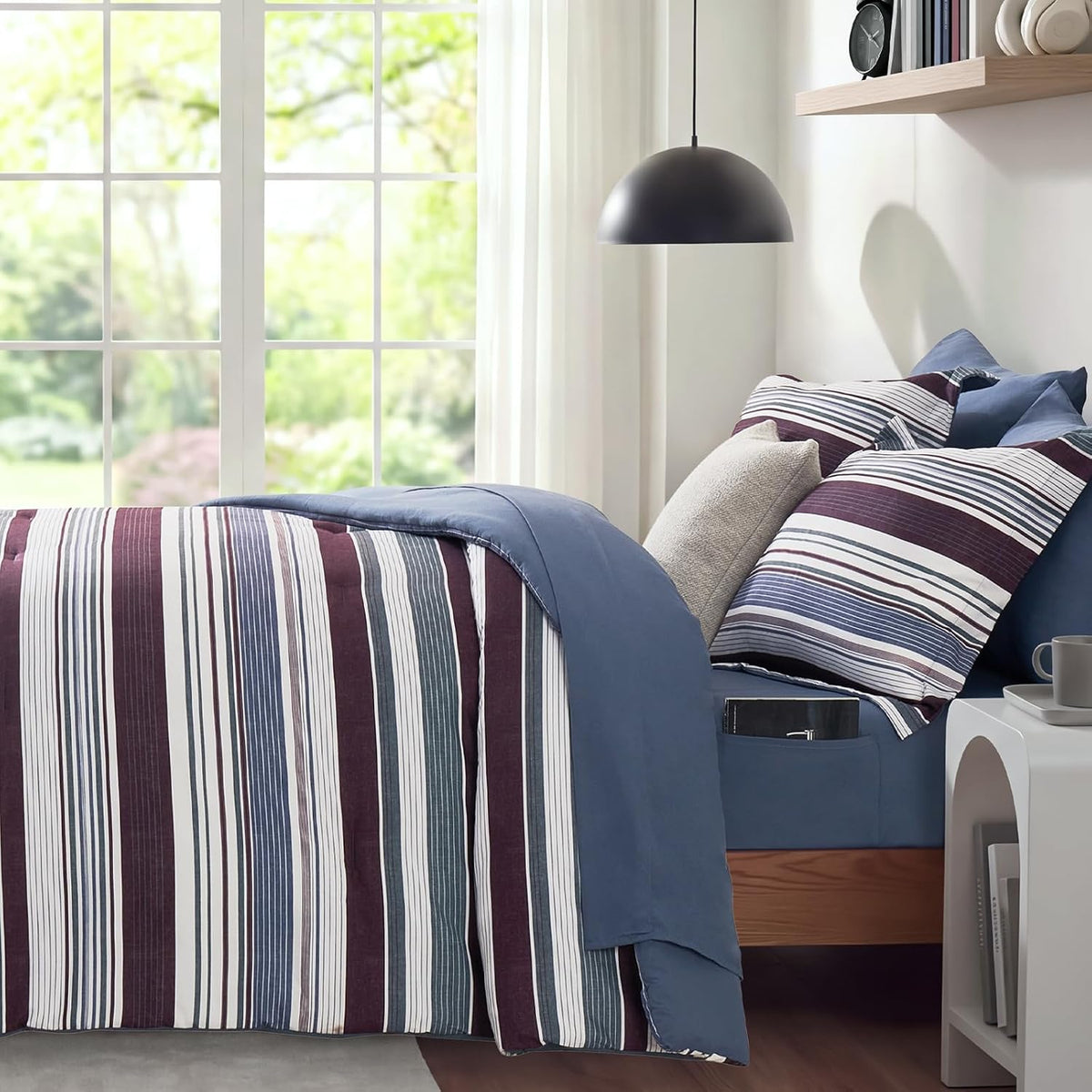 Monbix Queen Comforter Set-7 Pieces Striped Bed in a Bag Queen Bedding Sets