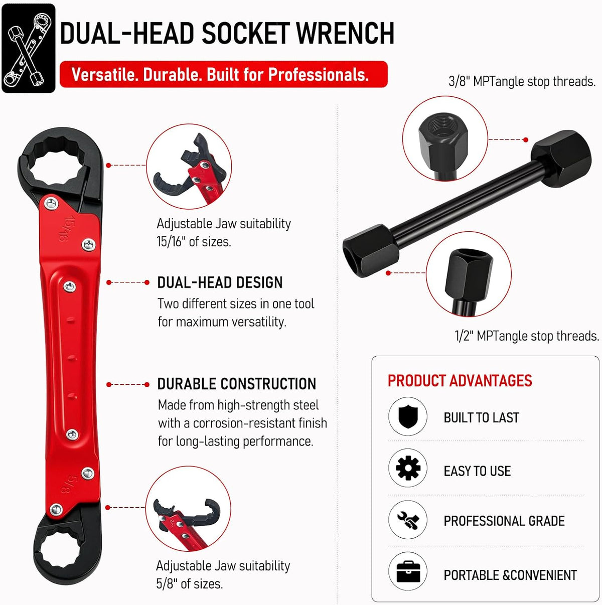 Angle Stop Wrench Kit, 1/2" Compression Sleeve Puller, Pro Plumber Wrench