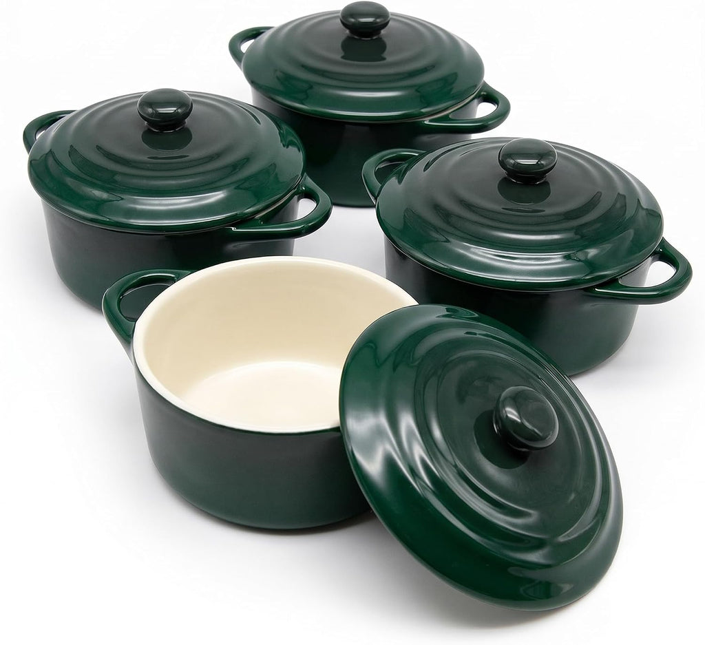 Kook Mini Cocotte, Lids, Handles, Dutch Oven, Set of 4, 12 oz, Forest Green