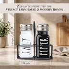 Farmhouse Salt and Pepper Shakers Set, A Cute Premium Glass Shakers with Holder and Stainless Steel Lids, Perfect for Adding a Vintage Kitchen Decor Charm, Great as a Gift (Black & White)