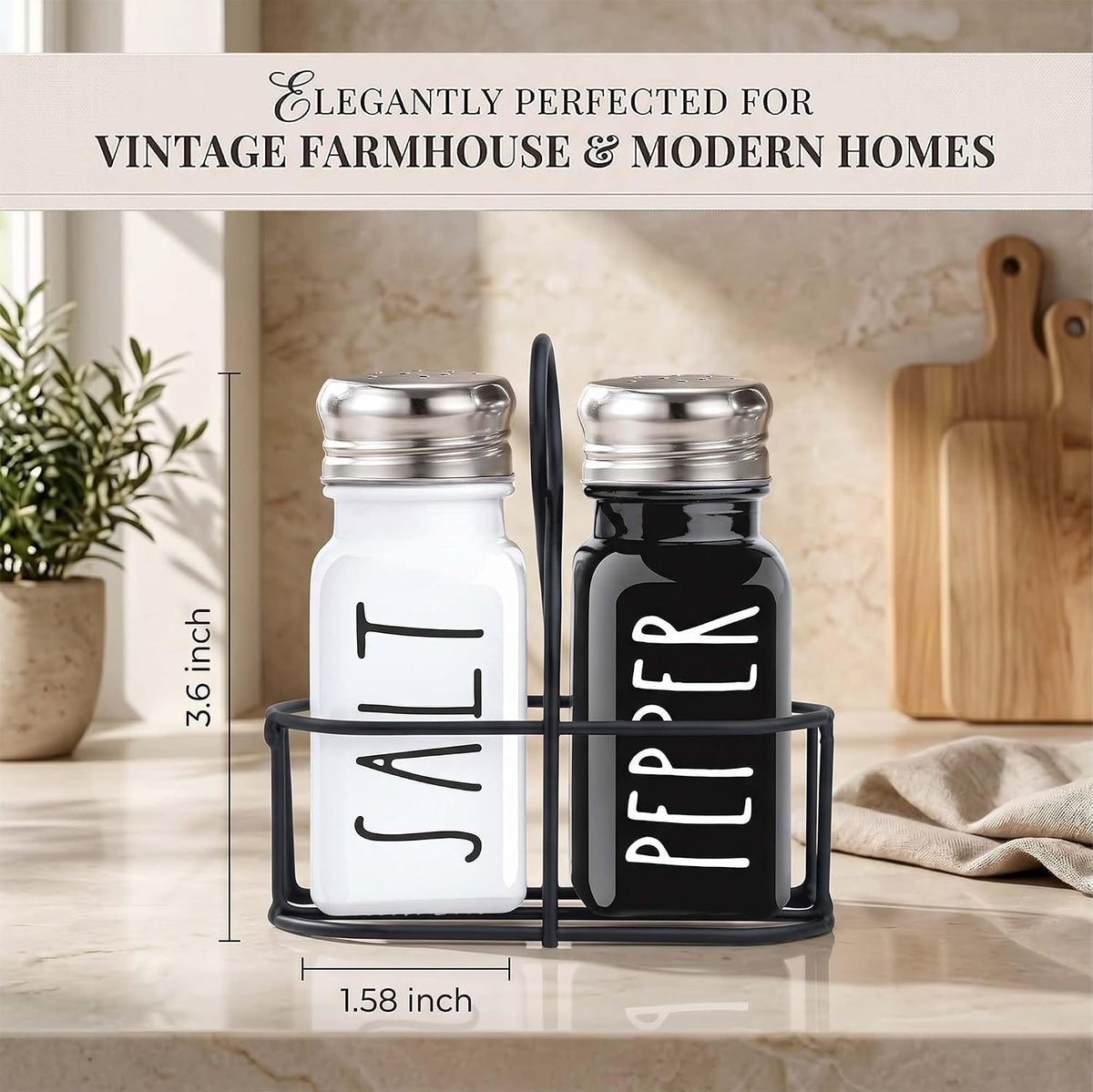 Farmhouse Salt and Pepper Shakers Set, A Cute Premium Glass Shakers with Holder and Stainless Steel Lids, Perfect for Adding a Vintage Kitchen Decor Charm, Great as a Gift (Black & White)