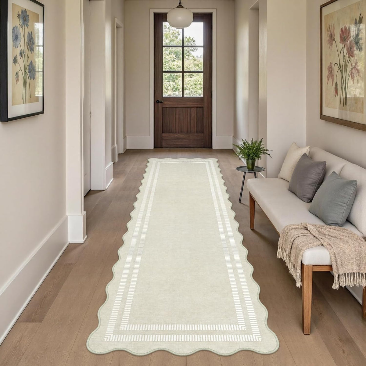Washable Runner Rug 2.6x8 Kitchen Hallway Scalloped Rugs, Non Skid Stain-Resistant Indoor Rug Soft Entryway Carpet Runner for Bathroom Laundry Room