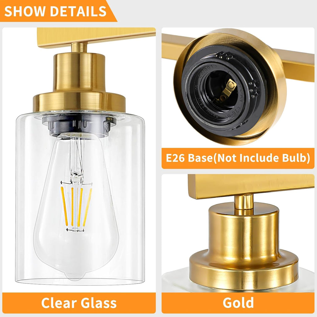 3 Light Gold Bathroom Light Fixtures, Bathroom Vanity Light Over Mirror, Gold Wall Sconce Vanity Lighting with Clear Glass Shade,Modern Farmhouse Bath Wall Lamp for Mirror Kitchen