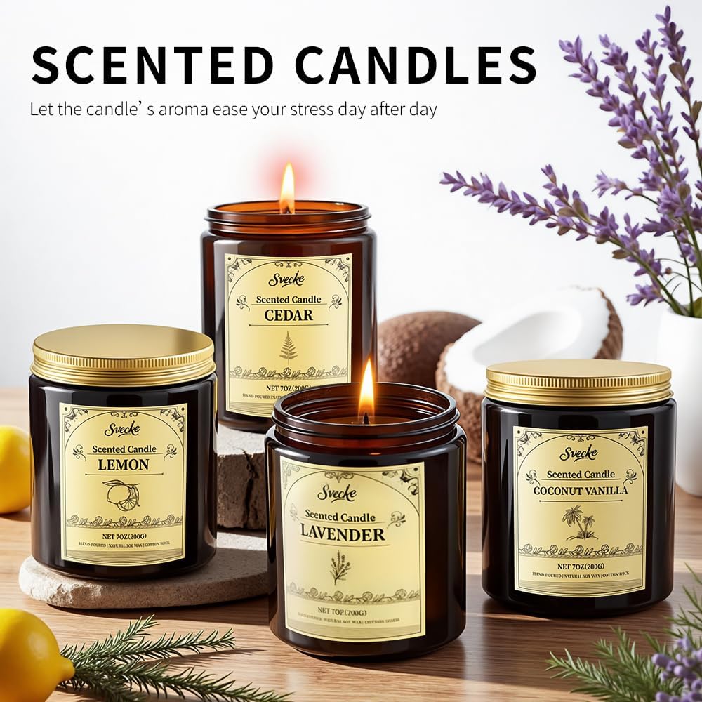 4 Pack Scented Candles, Lemon, Lavender, Sage Citrus, Fireside