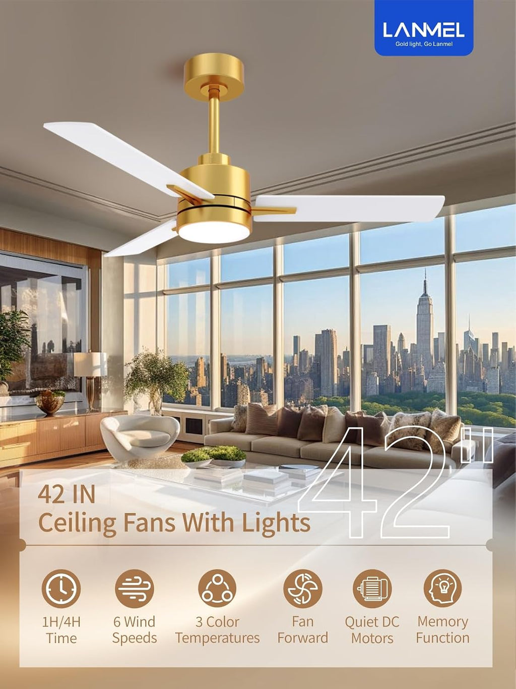 LANMEL Metal Ceiling Fan with Lights and Remote, 42 Inch, Gold & White