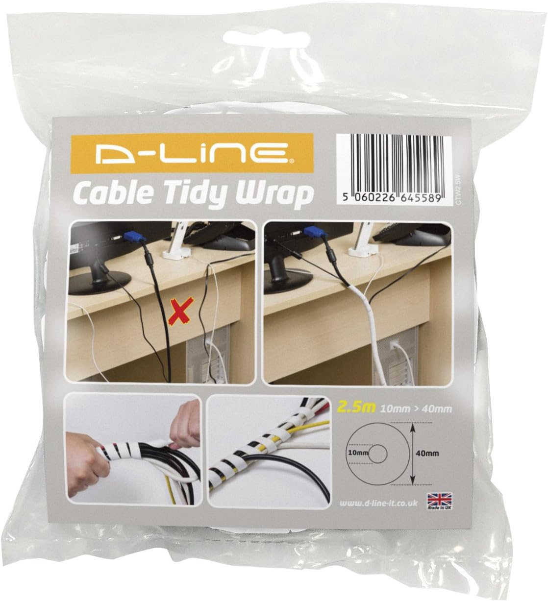 D-Line 8.2ft White Cord Wrap, Spiral Cable Sleeve, Expands 0.39-1.5in Diameter, Wrap by Hand - White