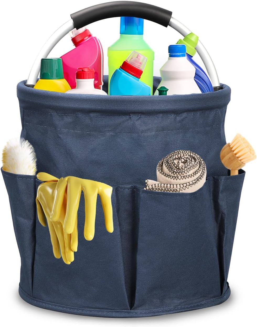17L Foldable Cleaning Caddy with Handle - Portable Duty Tool Bag Cleaning Supply Organizer, Multi-Compartment Cleaning Bucket Storage Basket for Home Kitchen Bathroom (Black)