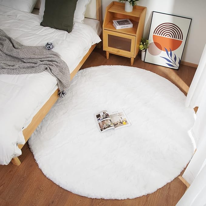 Ghouse Faux Rabbit Fur Round Rug 5 Ft White Round Rugs - Image 2