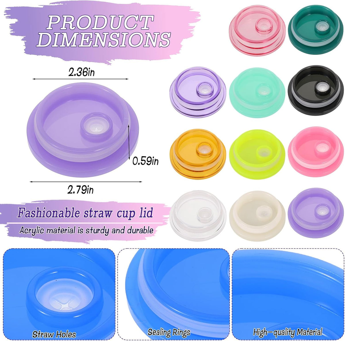 36-Pack Colorful Acrylic Cup Lids with Straw Hole - Spill-Proof Reusable Covers for 16oz Glasses & Tumblers - Perfect for Iced Coffee, Beer, Beverages