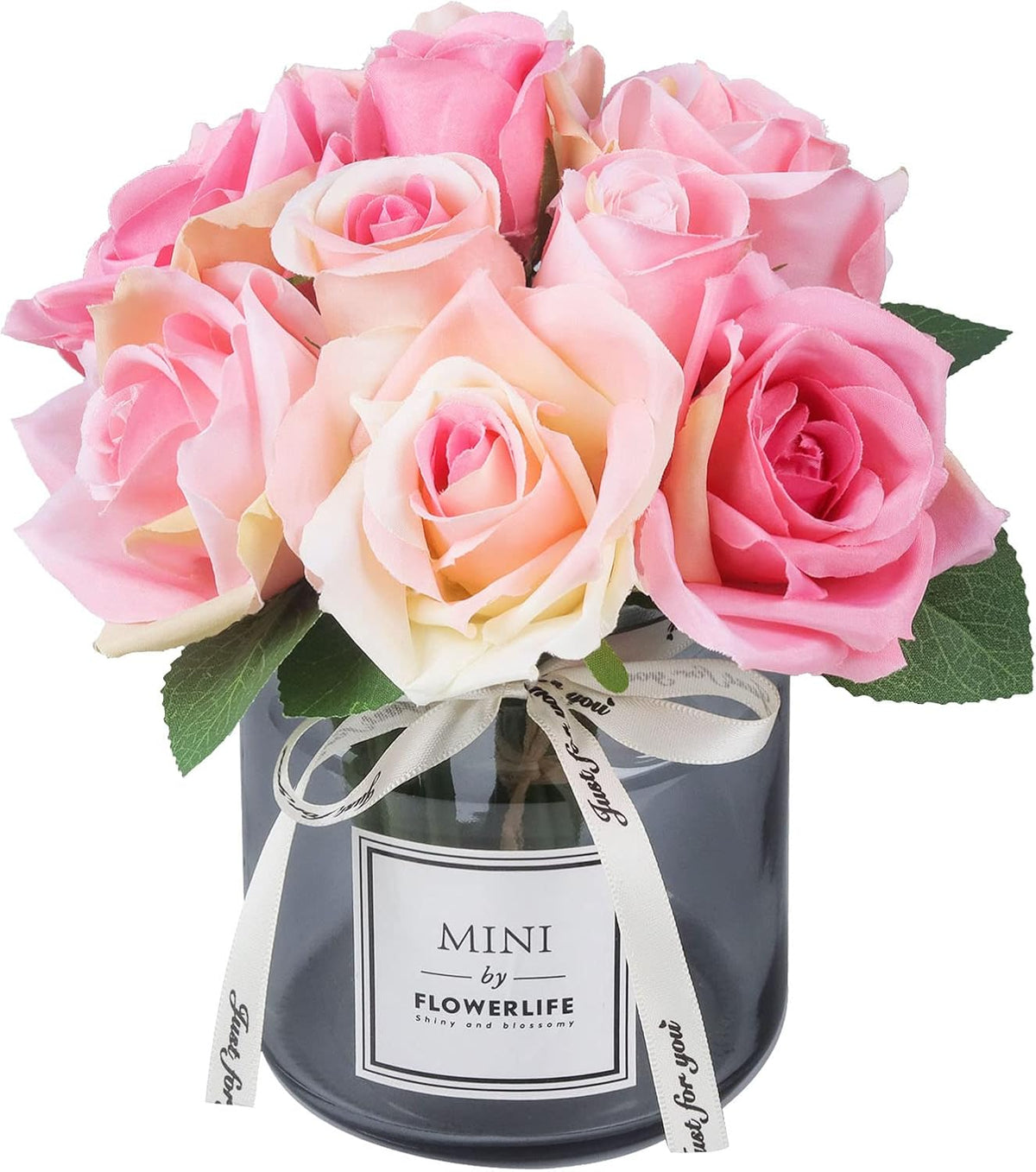 XIAYAN Artificial Flower and Glass vase, Silk Rose Flower Glass Bottle Set, Suitable for Living Room, Dining Table, Office, Wedding, Hotel Banquet and Family Decoration. (White)………