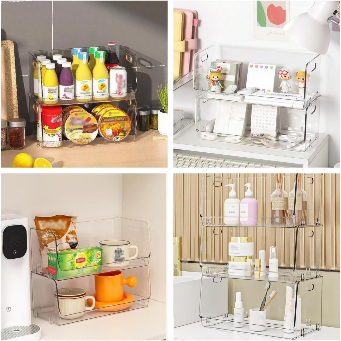 Nicunom 2 Pack Stackable Plastic Storage Bins Open Front, Clear Pantry Organizer Bin Household Food Storage Bin for Kitchen Countertops Cabinet Shelf