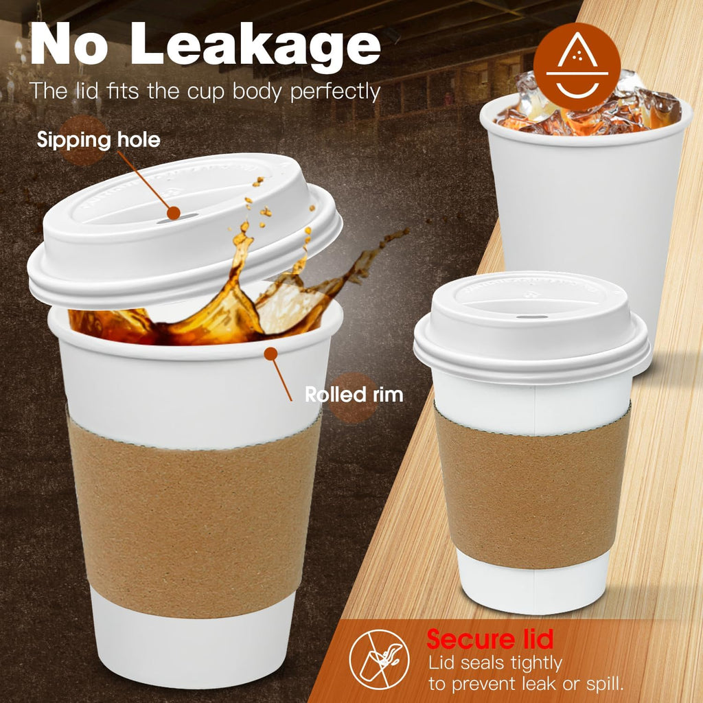 Ginkgo 100 Pack 12 oz Leak-Proof Coffee Cups with Lids and Sleeves