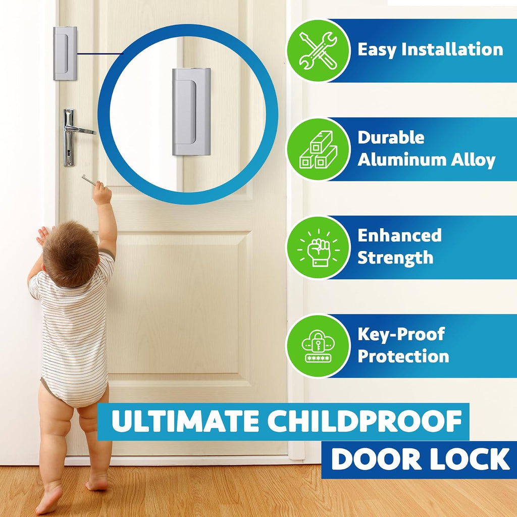 Dwell+Good Door Reinforcement Lock (2-Pack) - DIY Nickel Home Security Door Lock for Front Door - Security Locks for Doors Inside | Child Proof Door Lock for Kids Safety - Withstand 800 LB of Force