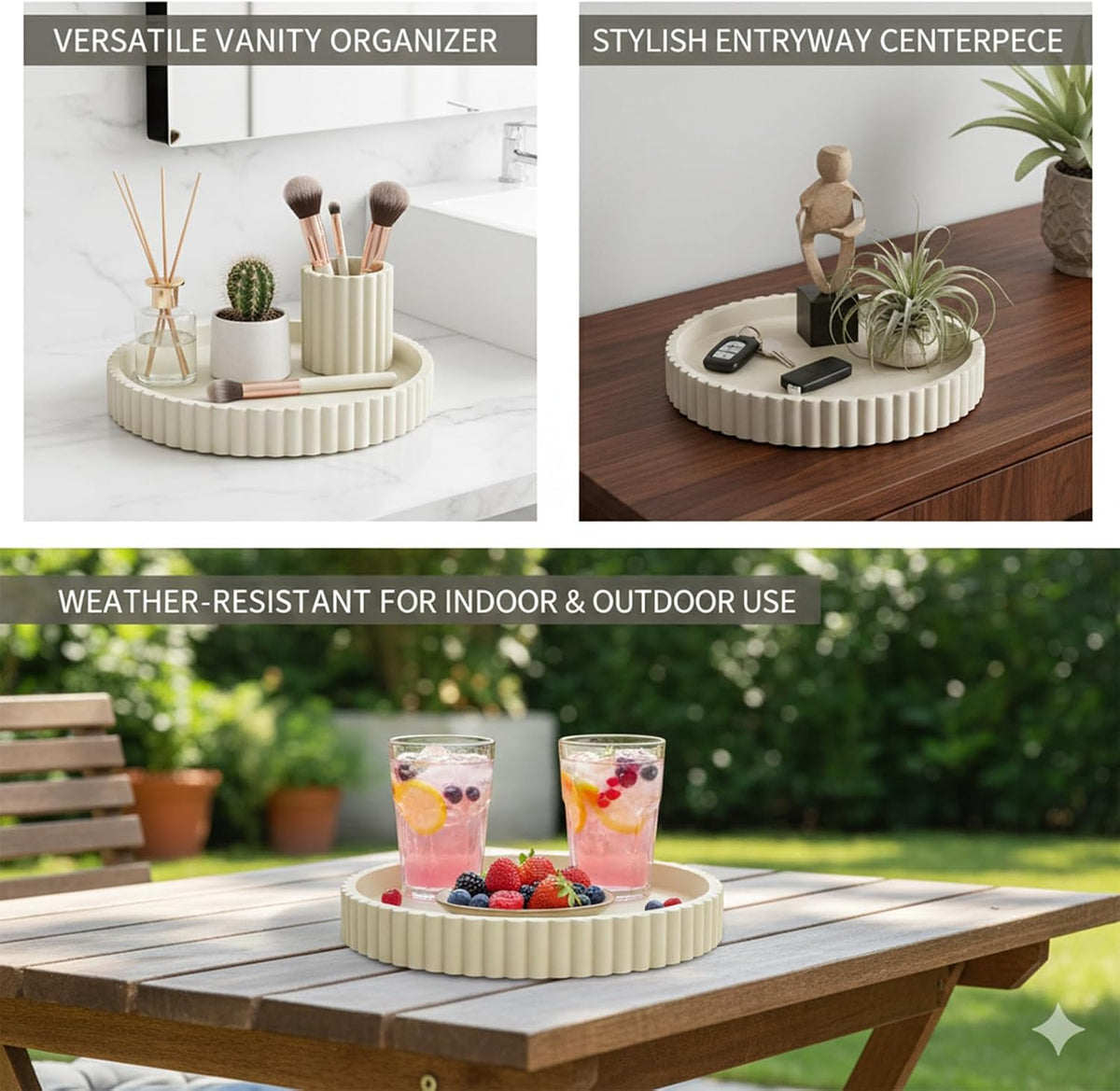 Round Solid Concrete Tray, Fluted Centerpiece for Coffee Table Decor 13"