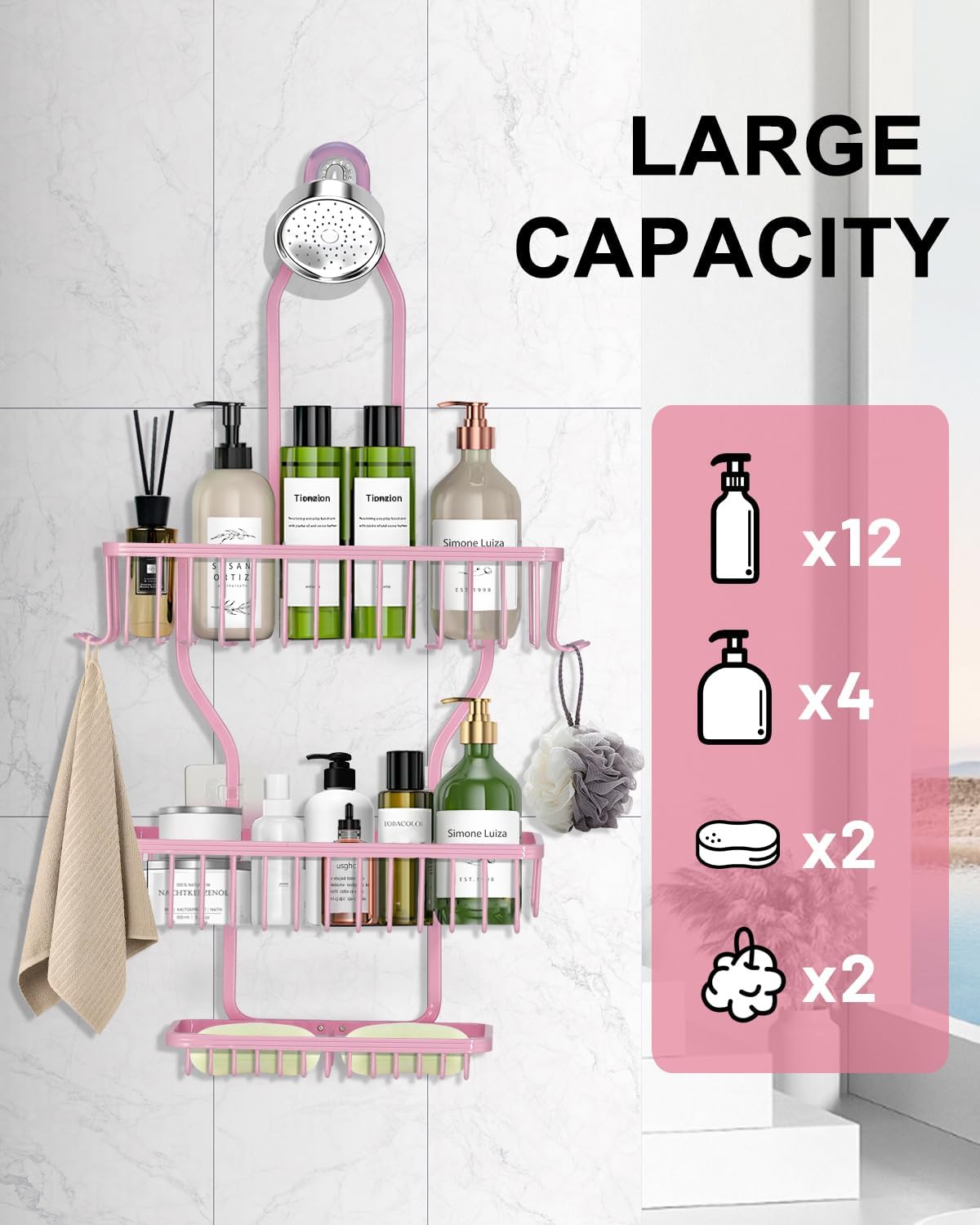 Pink Shower Caddy for Bathroom - Never Rust Hanging Shower Organizer with Soap Basket and Hooks - Large Capacity 3 Tier Aluminum Over The Showerhead Caddy