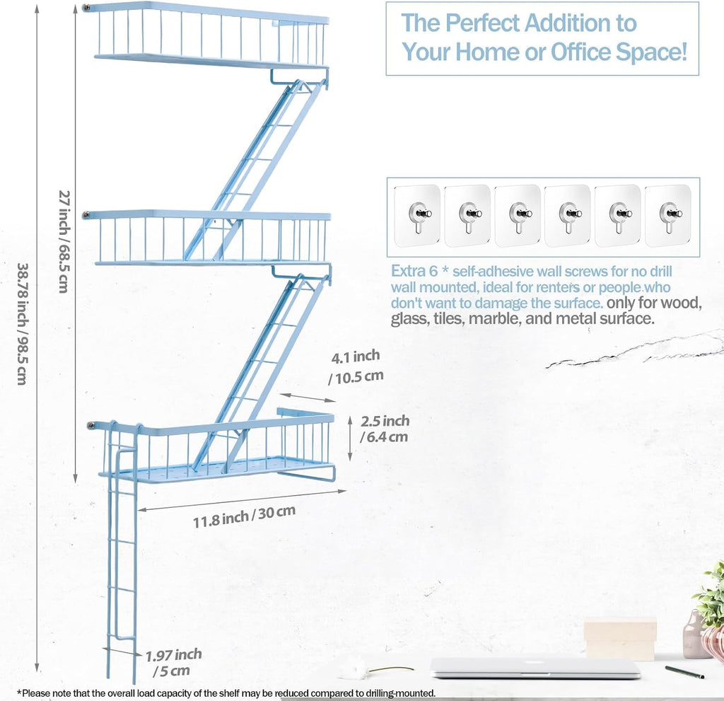 Fire Escape Wall Shelf, NYC Wall Decorative Floating Shelves, Sky Blue
