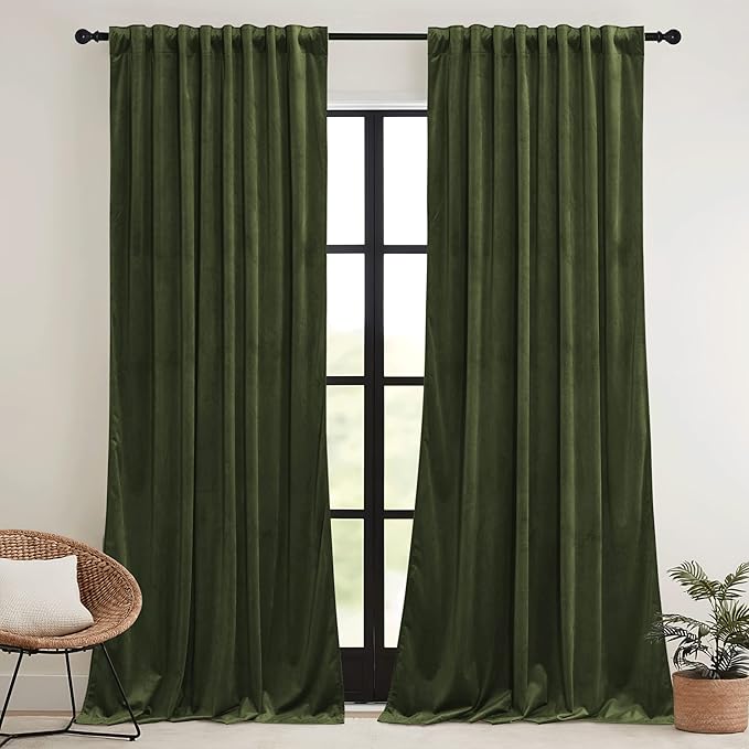 RYB HOME Olive Green Velvet Curtains 90 inches Long - Image 4