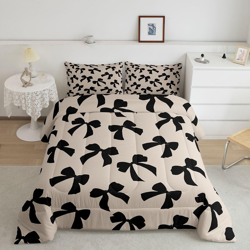 Feelyou Bow Comforter Set Toddler Size Elegant Bedding Set for Kids Boys Girls Kawaii Bow Duvet Quilt Black Bedroom Decor 2 Pcs with 1 Pillow Cases