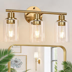 3-Light Gold Bathroom Light Fixtures, Modern Bathroom Vanity Light with Clear Glass Shade, Brushed Gold Bath Wall Mount Lights, Wall Lamp for Mirror Kitchen Bedroom Hallway Living Room Hallway