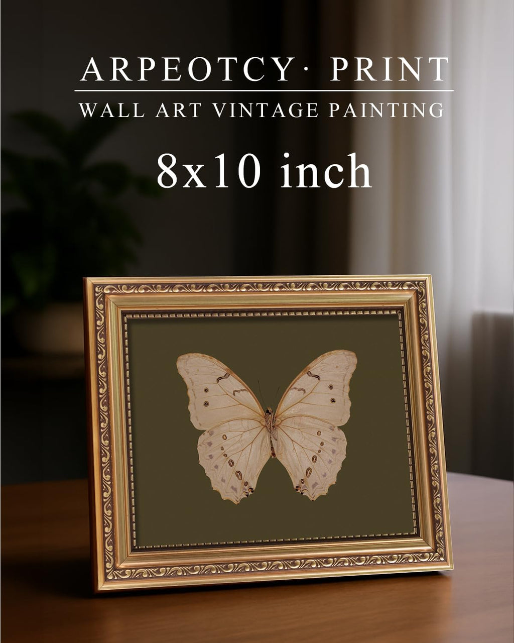 ARPEOTCY Vintage Gold Framed Wall Art, Classical White Butterfly Paintings, 8x10 inch Small Moody Green Canvas Prints with Antique Picture Frame, Victorian Wall Decor for Gallery Living Room Shelf