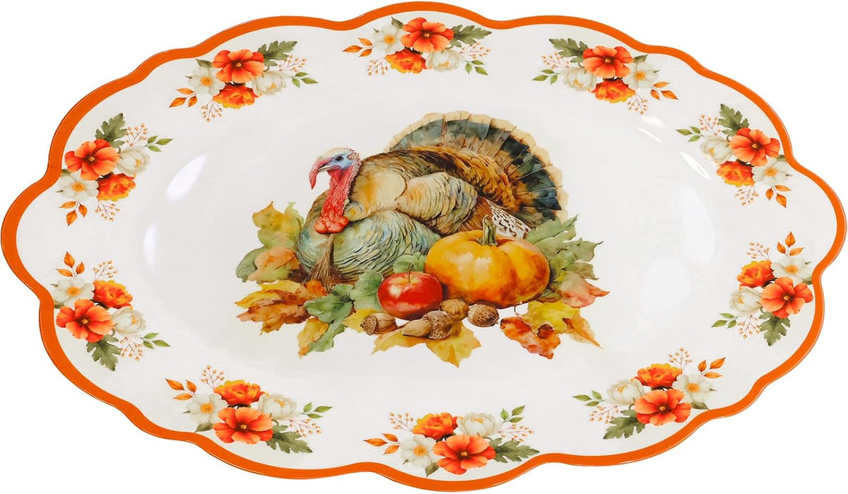 ceiba tree Thanksgiving Fall Turkey Platter Serving Tray Dish Reusable Melamine Large 16 X 12.6 inch Harvest Autumn Oval Plate for Party Tableware Holiday Buffet Friendsgiving Snacks Appetizers