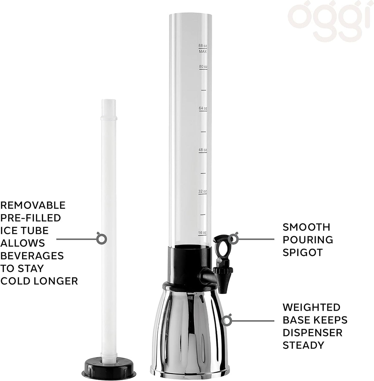 OGGI Beer Tower 3L/100oz - Beverage Dispenser with Spigot & Ice Tube, Margarita Tower, Mimosa Tower, Perfect Drink Dispensers for Parties, Drink Tower, Holds 6 Pints of Beer - Stainless