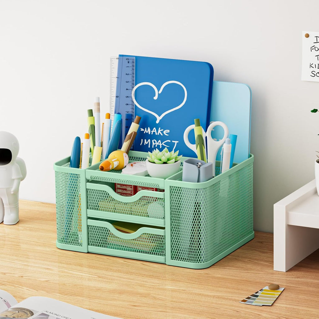 Marbrasse Mesh Desk Organizer, Pen Organizer with 2 Drawer, Multi-Functional Pencil Holder, Desk Organizers and Accessories with 5 Compartments + Drawer for Office Art Supplies (Green)
