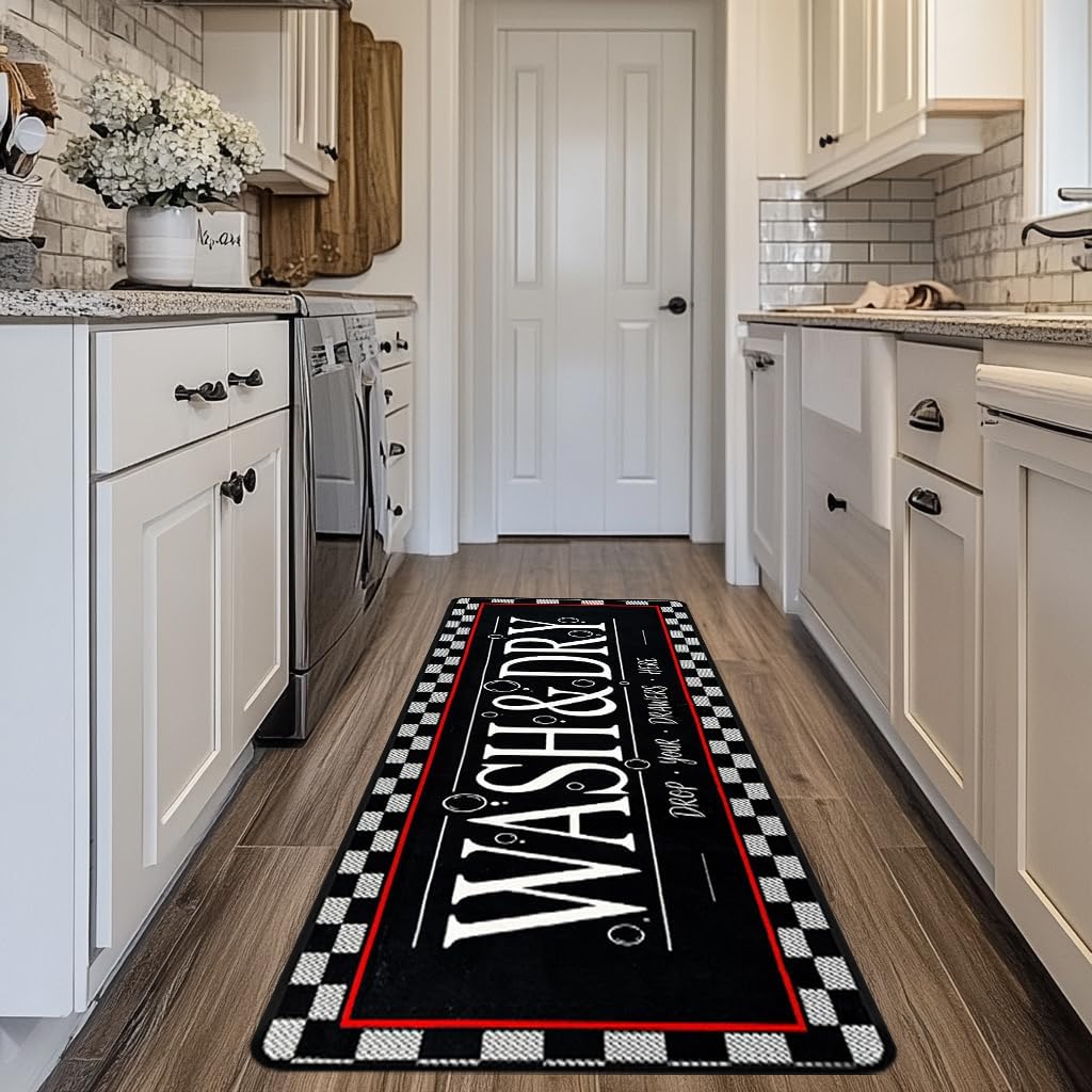 Laundry Room Rug Runner 20"X49" Non Slip TPRback Laundry Rugs for Laundry Decor Bordered Design Washable Runner Rugs for Kitchen Floor Laundry Room Bathroom Hallway Entryway Area Rugs-Black Plaid