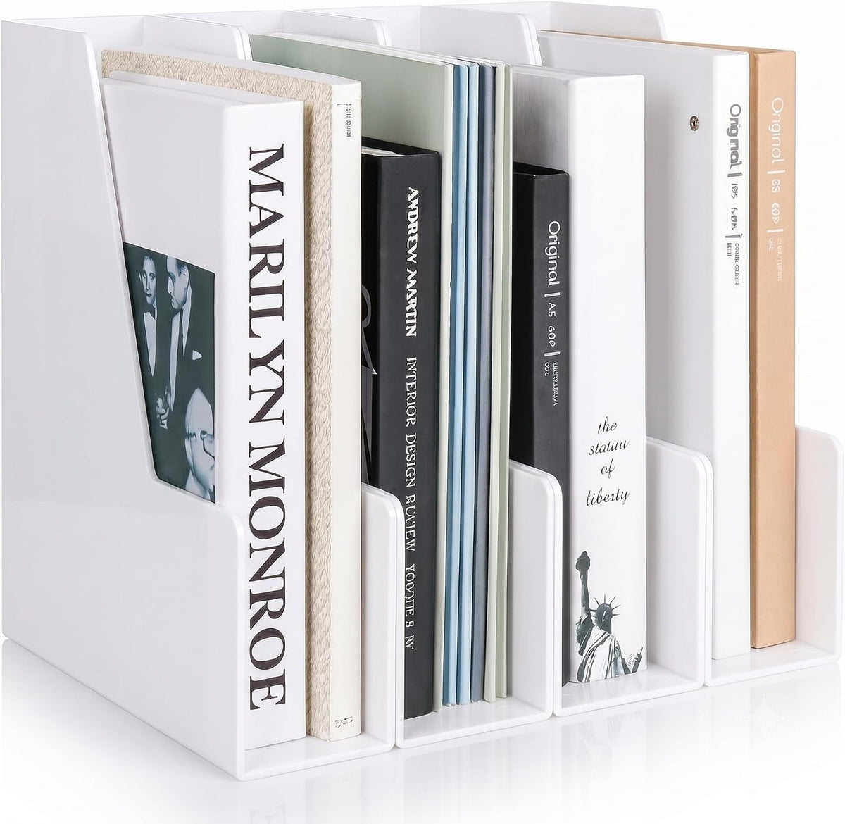 LALOBLUE White Vertical File Organizer, 4 Section Magazine Holder for Desk