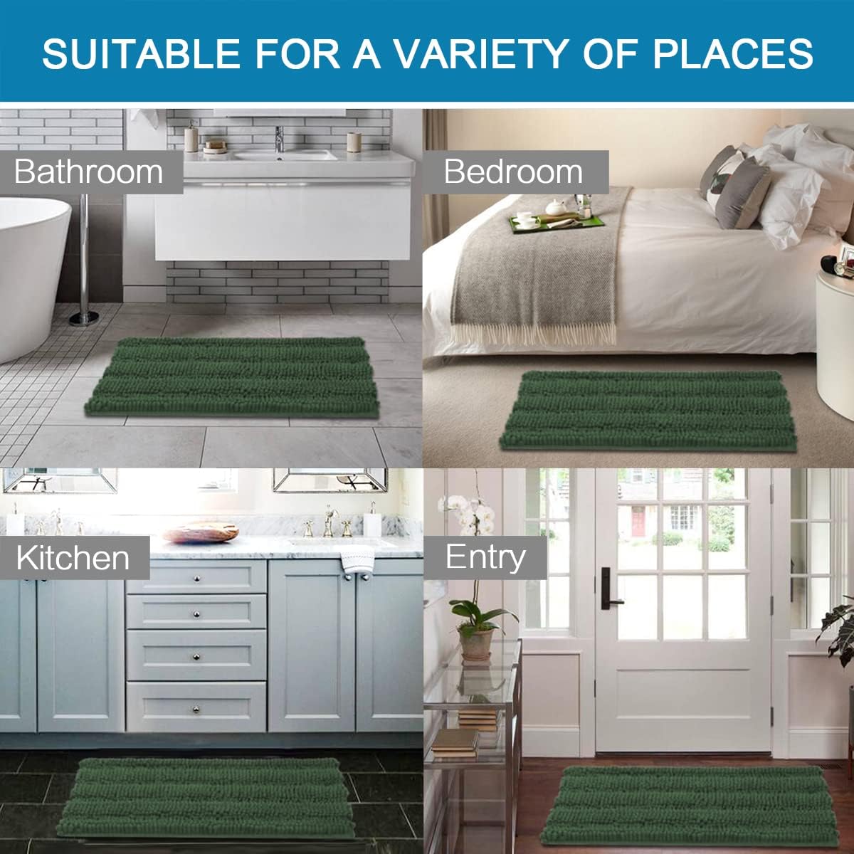 H.VERSAILTEX Extra Thick Chenille Striped Pattern Bath Rugs for Bathroom Non Slip - Soft Plush Shaggy Mats Floor, Indoor Entryway (Bronze Green, 32 x 20 Plus 24 17 Inches)