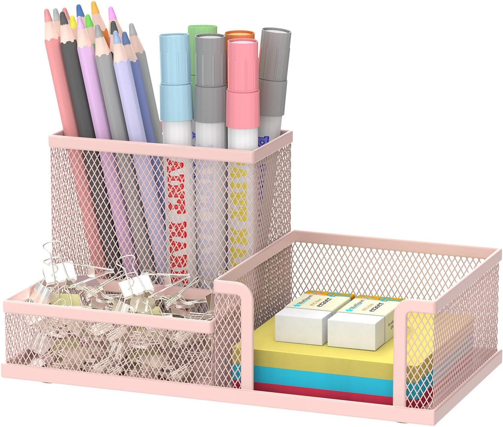 SUPEASY Mesh Pen Holder Desk Organizer, Office Supplies Pencil Storage with 3 Compartments, Office Desk Accessories and Workspace Organizers for Home School, Blue