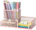 SUPEASY Mesh Pen Holder Desk Organizer, Office Supplies Pencil Storage with 3 Compartments, Office Desk Accessories and Workspace Organizers for Home School, Blue