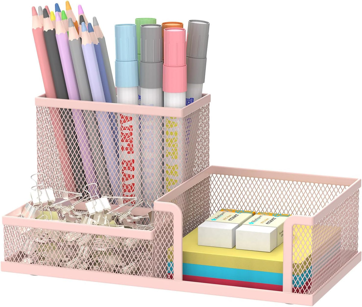 SUPEASY Mesh Pen Holder Desk Organizer, Office Supplies Pencil Storage with 3 Compartments, Office Desk Accessories and Workspace Organizers for Home School, Blue