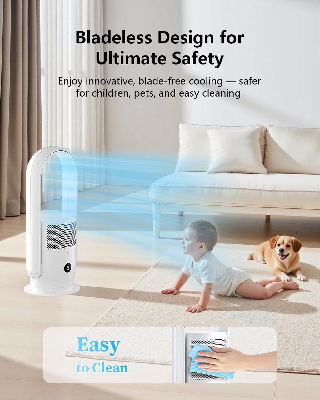 ULTTY Bladeless Tower Fan and Air Purifier Combo, Quiet Oscillating Fan with Remote & Touch Control, 9 Speeds, 8H Timer, HEPA Air Filter, Safe Floor Fan for Bedroom Home Office White, 23.5"inch