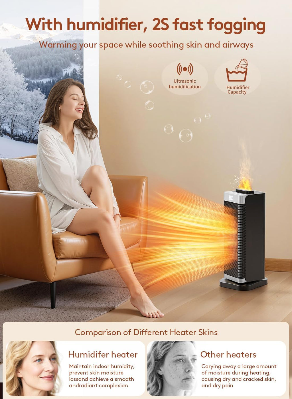 Space Heaters for Indoor Use, Staholz Portable Heater with Humidifier/Ambient Light, Family-Safe Electric Heaters with Thermostat,12H Timer,70° Oscillation,Ultra-Quiet for Home Office (Silver)