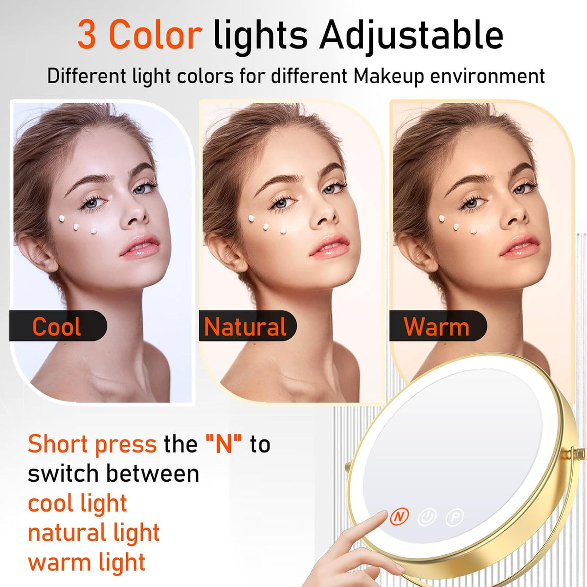 Vanity Mirror with Lights, 9'' Lighted Makeup Mirror, 1X/20X Double Sided Magnifying Mirror, 5000mAh Rechargeable, 3 Color Dimmable LED, 360° Rotation Desk Mirror for Makeup & Skincare, Gold