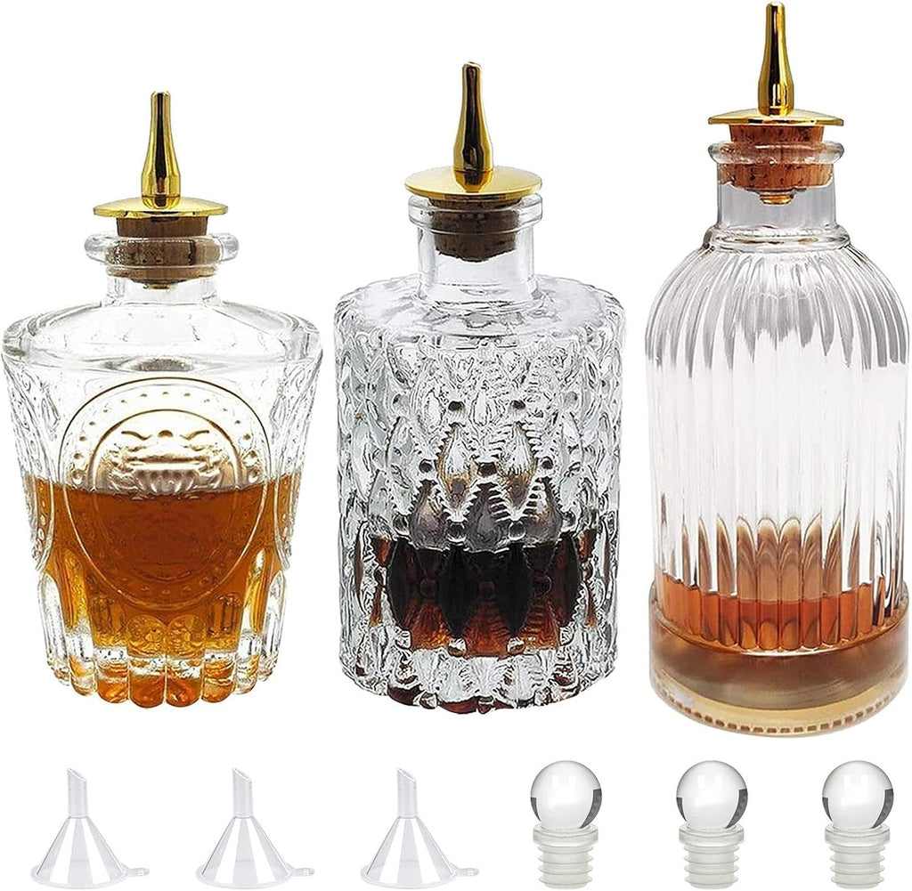 LINALL Bitters Bottle Set - Syrup Bottles with Stainless Steel Pourers, Glass Vintage Bottle,