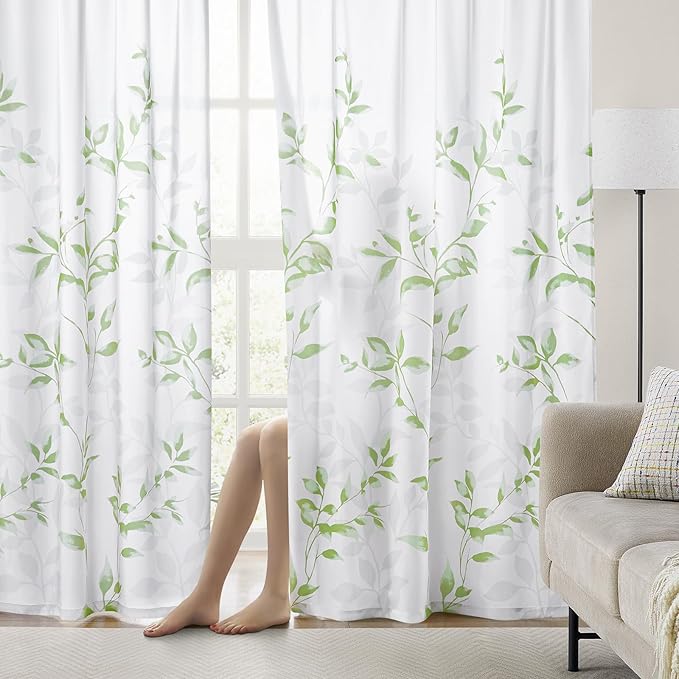 HOMEIDEAS Non-See-Through Sage Green and White Privacy Sheer Curtains 52 X 84 - Image 2
