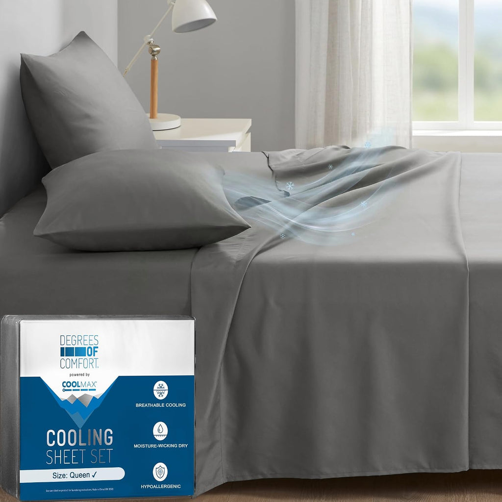 Coolmax® Cooling Sheets for Hot Sleepers, Queen Size, Grey