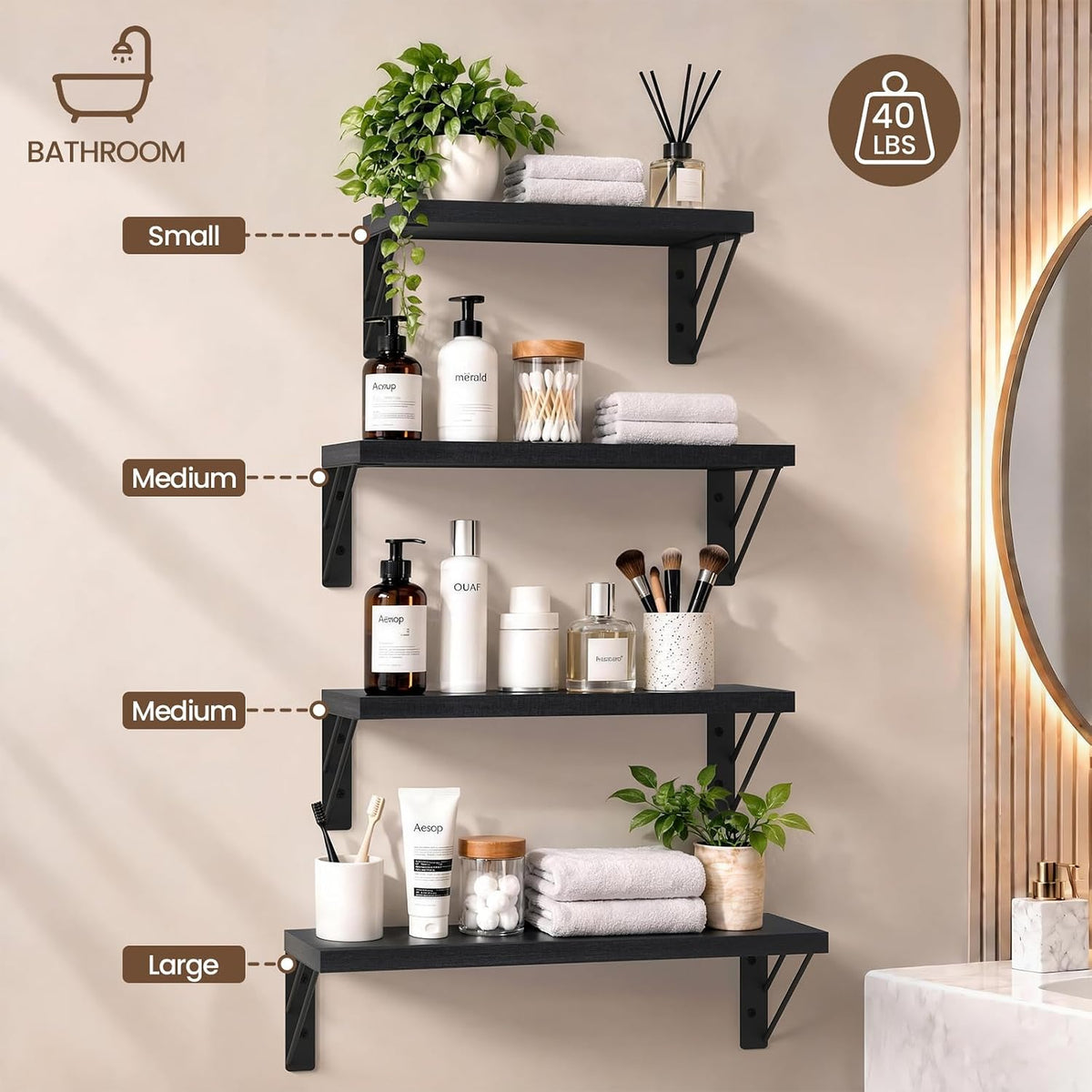 BAYKA Wall Mounted Black Floating Shelves for Wall (Set of 4, 16" Mixed)