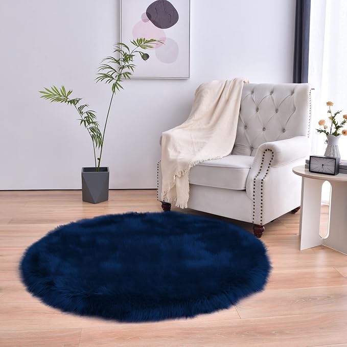 duduta Navy Blue Faux Sheepskin Round Rug 4x4 ft, Fluffy Shag Fur Bedroom by duduta