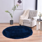 duduta Navy Blue Faux Sheepskin Round Rug 4x4 ft, Fluffy Shag Fur Bedroom by duduta