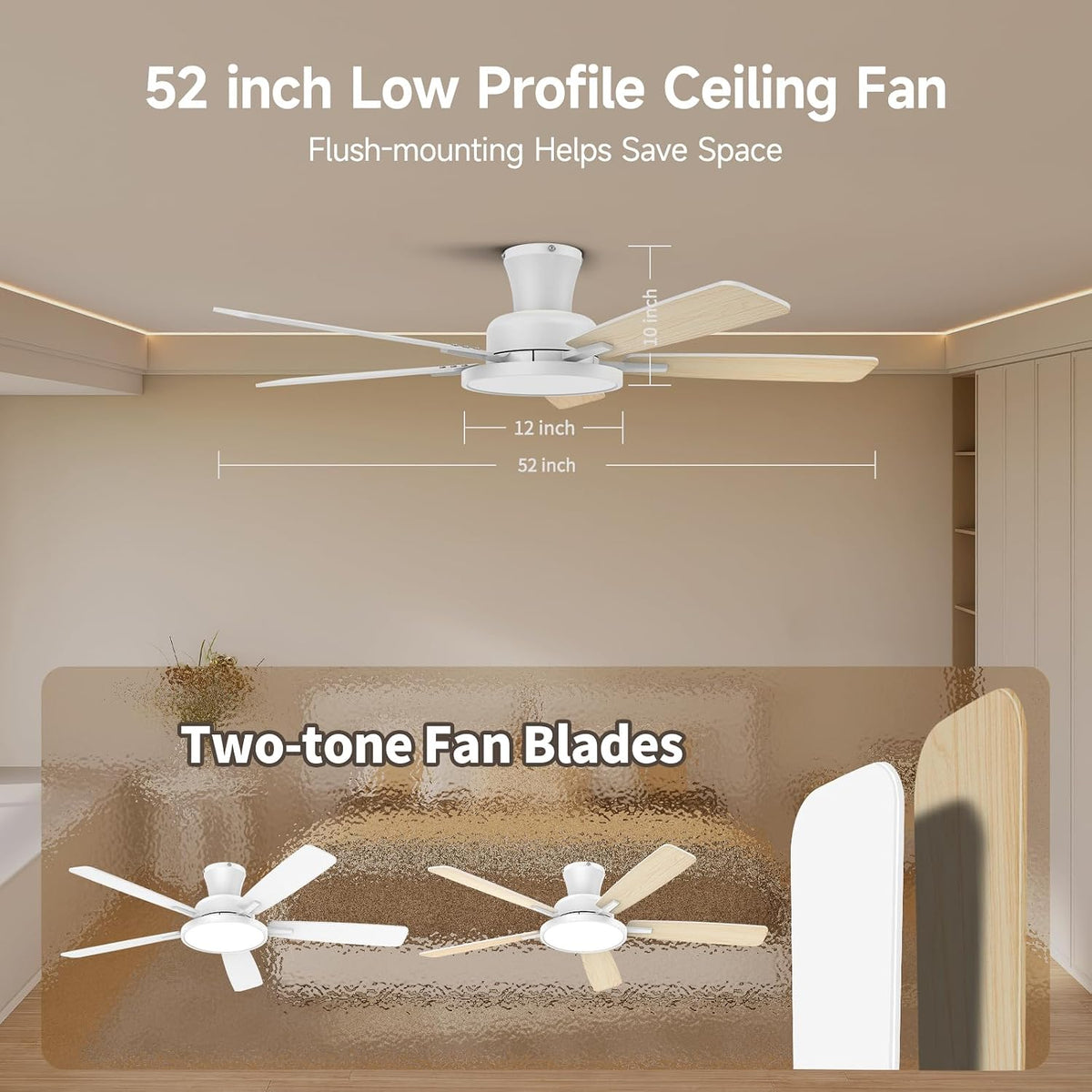 TALOYA 52'' Ceiling Fans with Lights and Remote, Low Profile, Night Light