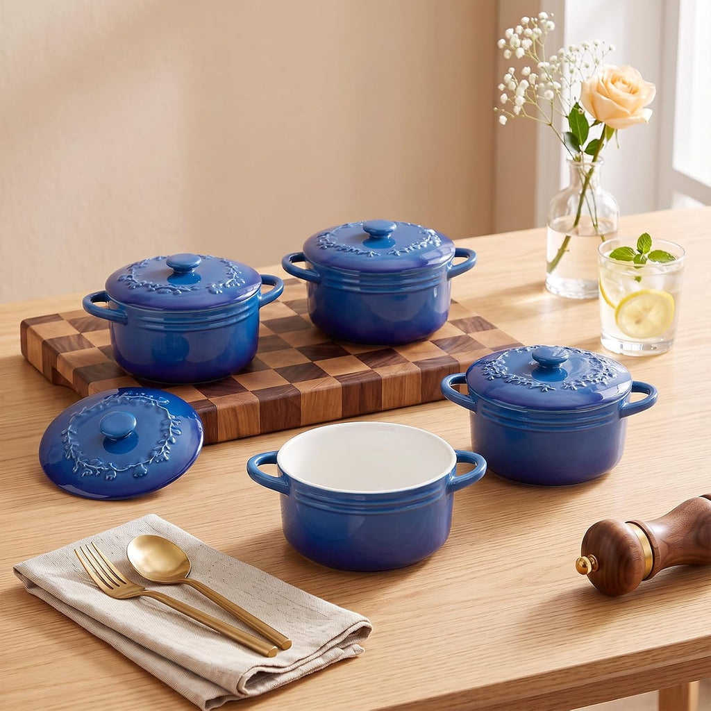 Mini Cocotte 16oz Ceramic Casserole Dishes with Handles & Lid,Set of 4 Oven Microwave Dishwasher Safe Ramekins