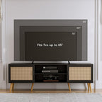 ZttRiee TV Stand with Rattan Doors for TVs up to 65", Mid-Century, Black