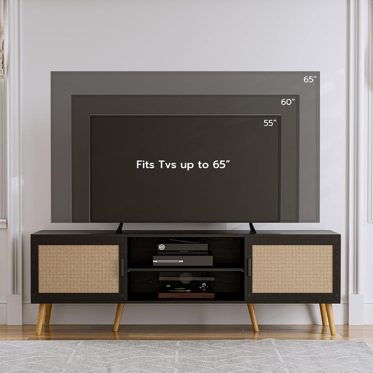 ZttRiee TV Stand with Rattan Doors for TVs up to 65", Mid-Century, Black